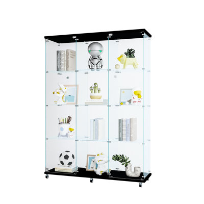 4-shelf Large Glass Display Cabinet In Black For Bedroom, Stores Action Figures, Wine, Whisky, 5mm Tempered Glass, Solid Wood Back, Metal Pull Handle Extra With 4 Shelves Office, Body, Cord Reel