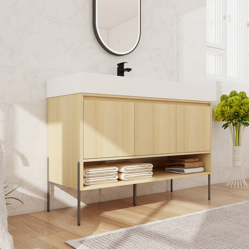 Ensemble de meuble-lavabo simple autoportant 48 po, meuble-lavabo sur pied avec lavabo en résine, 3 portes et 1 tablette