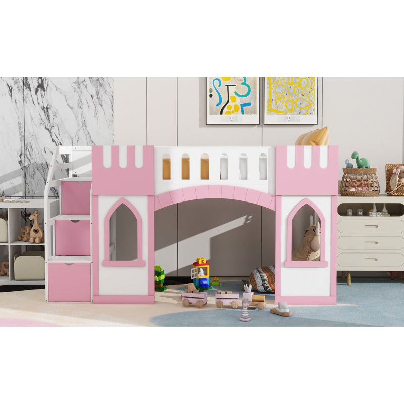Lit mezzanine rose simple avec escalier de rangement et jolie fenêtre - bois stable pratique, Rose/Blanc