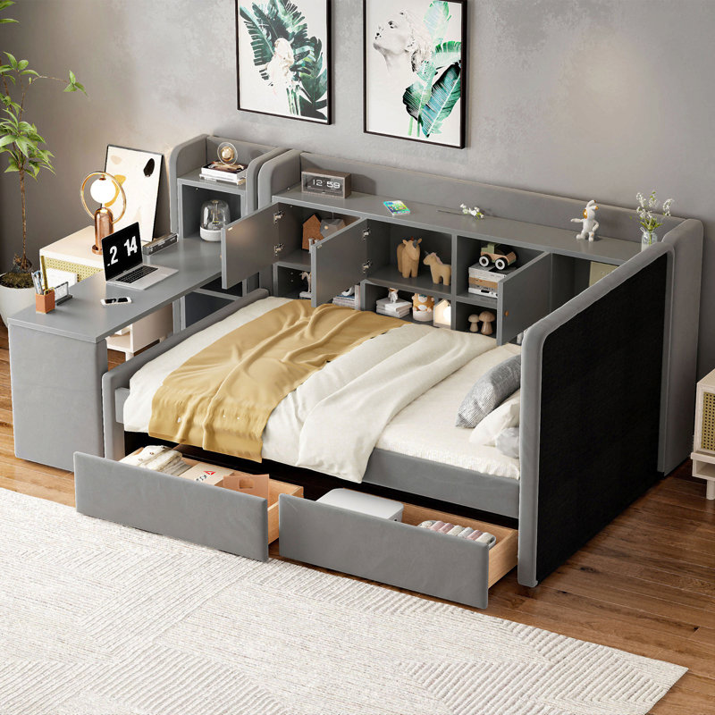 Lit de jour simple tapissier avec tiroirs, tablettes, armoires rabattables et table d'appoint, Gris