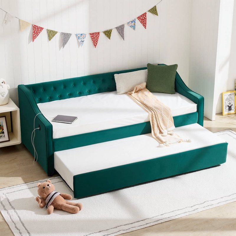 Velvet Daybed with Trundle, USB Port & Side Pockets | Button Tufted Back, Waved Arms with Piping | Space‑Saving Sofa Bed for Bedroom, Guest Room, or Living Room