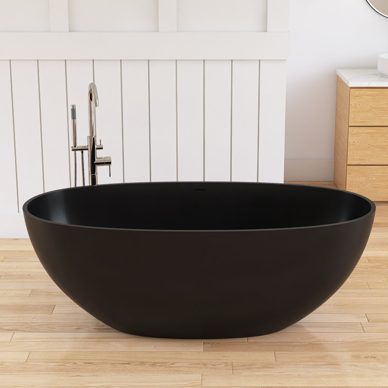 Forma 61'' Freestanding Tub Solid Surface Stone Resin Free Standing Soaking Bathtub, Matte Black