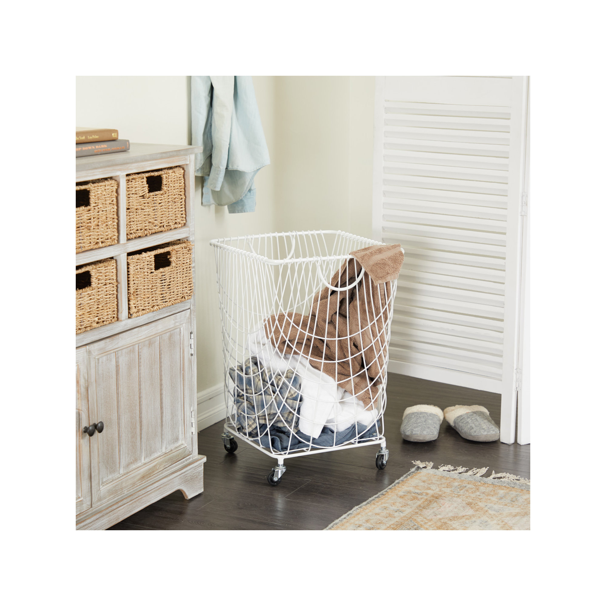Metal Deep Set Metal Mesh Laundry Basket Storage Cart with Wheels and Handles, White, Medium ( 24" H x 16.85" W x 16.55" D)