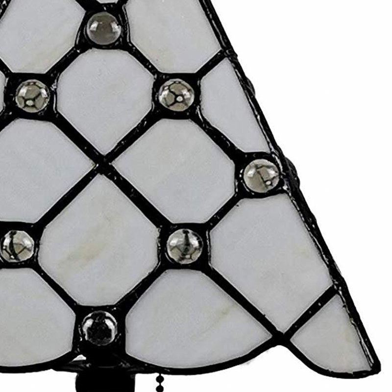 15" White Stained Glass Table Lamp with Faux Crystal Accents
