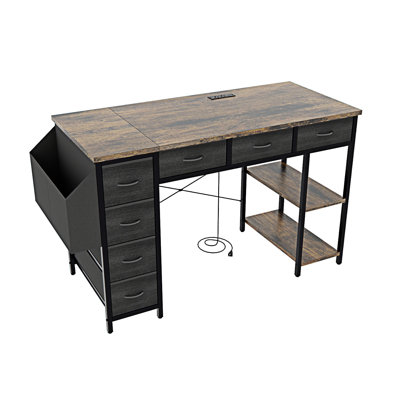 Bureau d'ordinateur avec prise de courant, bureau d'écriture avec 7 tiroirs en tissu