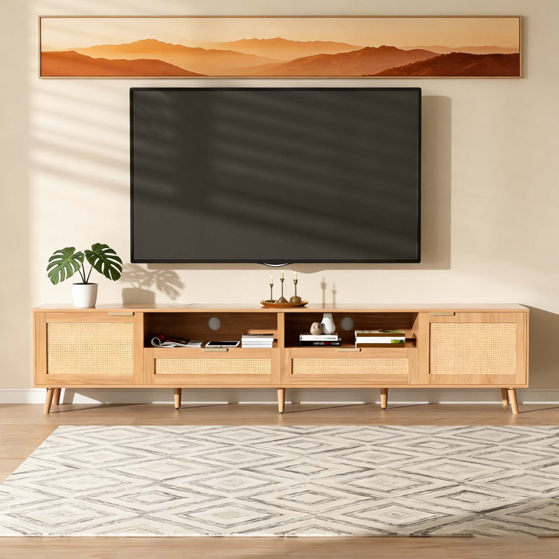 Meuble télé en rotin pour téléviseur de 90 po ou moins, console multimédia de style campagne moderne avec rangement spacieux et pieds en bois massif