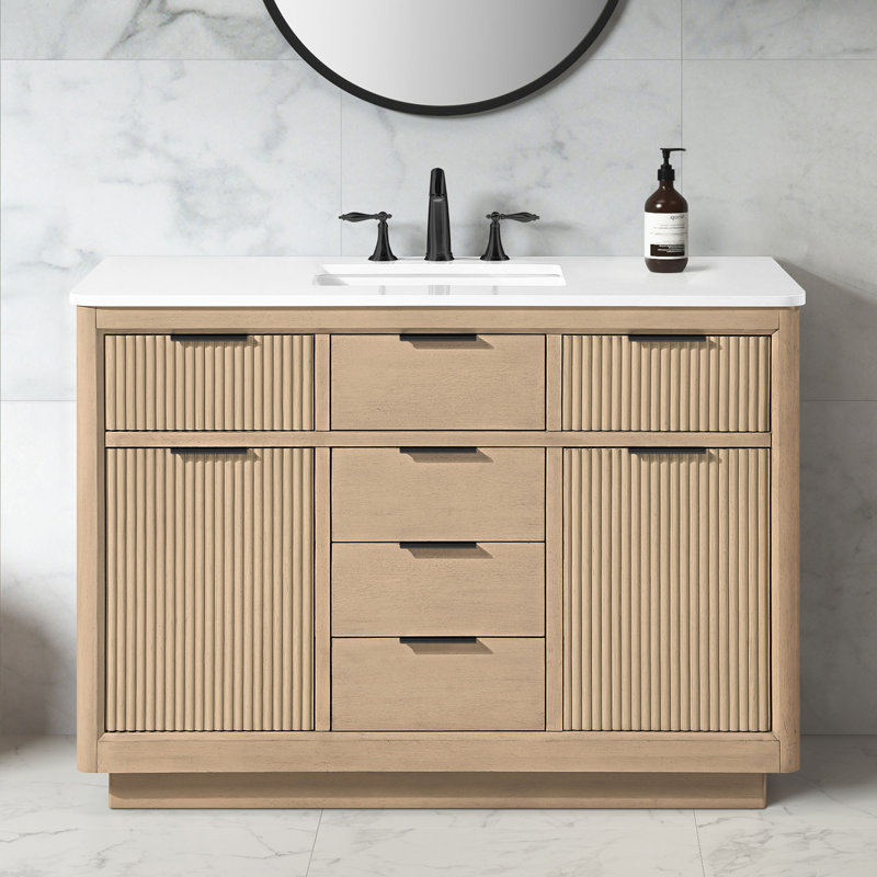 Noah 48 In. Single Sink Freestanding Warm Walnut Bathroom Vanity With White Engineered Stone Top And Brushed Nickel Hardware