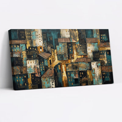 Abstract Teal and Gold Cityscape Canvas Wall Art