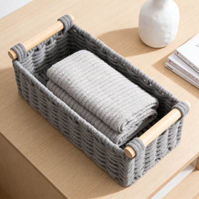 Boho Cotton Rope Storage Baskets Set With Wooden Handles, Woven Wicker Organizer Bins For Bathroom, Shelves, And Home Decor