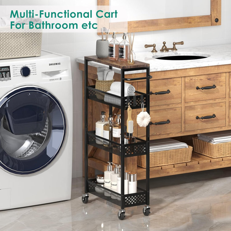 Slim Storage Cart 4 Tier Narrow Kitchen Rolling Cart On Wheels , Mobile Utility Cart Shelving Unit With Wooden Top And Metal Handle