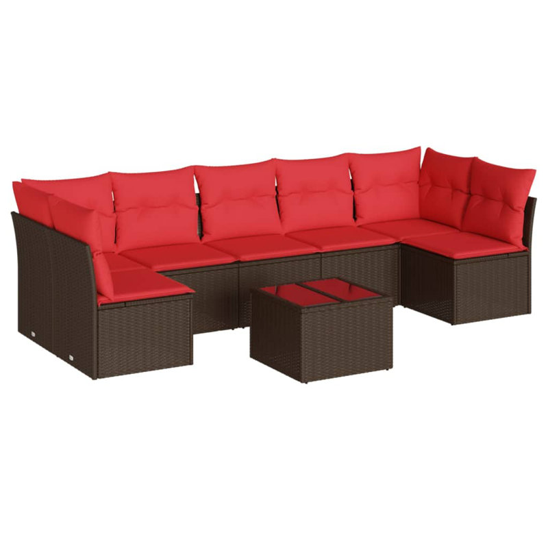 Ensemble de canapé de patio 8 pièces avec coussins en rotin de polyester, Rouge, Brun