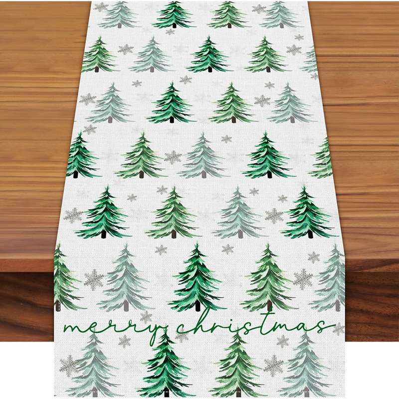 Inch Christmas Table Runner – Watercolor Pine Tree And Snowflake Pattern On White Background For Holiday, Home, Kitchen, Dining Table, Winter Party Decorations