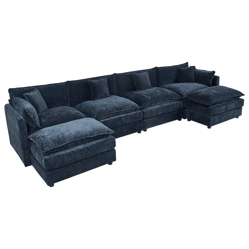 Modern Chenille Loveseat Sofa Couch With Ottoman, 33.85" H x 147.22" W x 35.82" D, Blue Chenille