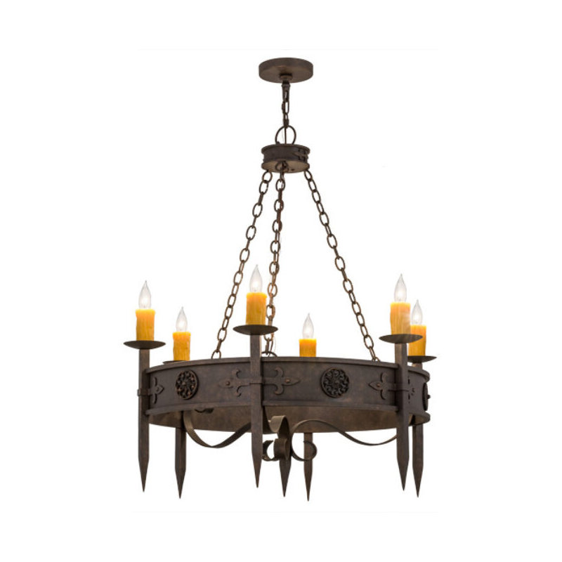 Lustre en roue de chariot à 6 lumières de style bougie Calandra, Pas d'ombre, Tabac doré