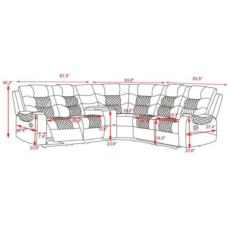 L-Shape Manual Recliners Sectional Black Faux Leather Sofa 3-Piece Couch Set  for Living Room, Black Faux Leather