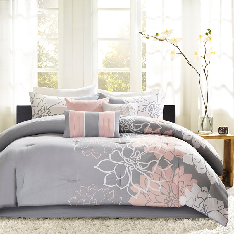 Édredon en coton imprimé pour grand - gris / pêche, motif floral, avec jupe de lit et 3 coussins imprimés, rembourrés, décoratifs et décoratifs