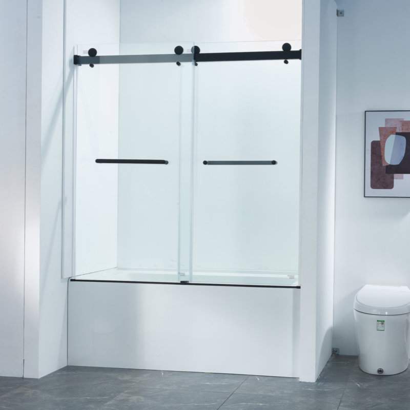 56-60"W X 60"H Frameless Double Sliding Tub Shower Door, 304 Stainless Steel In Matte Black, 5/16" (8Mm) Thick SGCC Tempered Clear Glass.