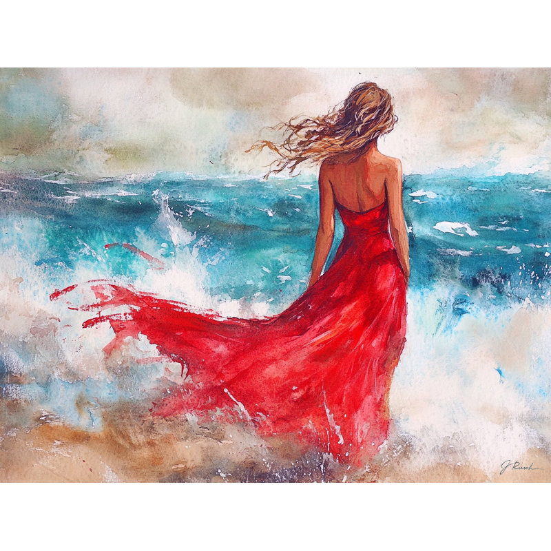 Vagues de passion - brise de l'océan et robe rouge, H 36 po x l 48 po