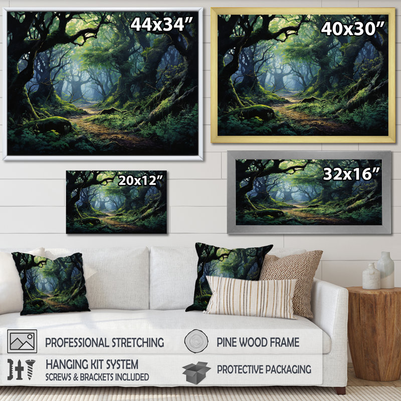 «Green Oak Tree Whispering Shadows II», art mural sur toile, H 24 po x l 32 po x P 1 po, Cadre flottant noir