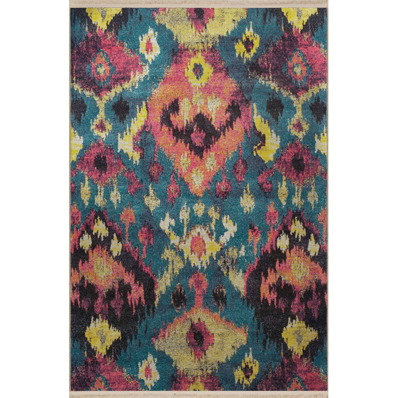 Tapis bleu-rose à motif abstrait à motifs abstraits, Rectangle 4 pi 7,12 po x 6 pi 6,74 po