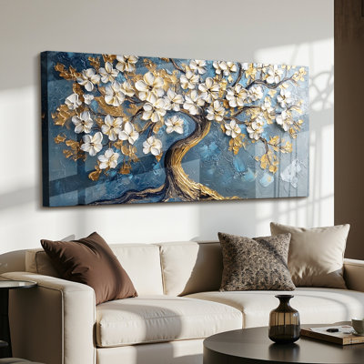 Gold Tree of Life Canvas Wall Art, Abstract Modern Cherry Blossom Flower Canvas Print for Living Room, 29"X57"