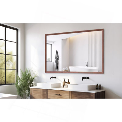 60"X40" Oversized Modern Rectangle Bathroom Mirror With Walnut Frame Decorative Large Wall Mirrors For Bathroom Living Room Bedroom Vertical Or Horizontal Wall Mounted Mirror With Aluminum Frame