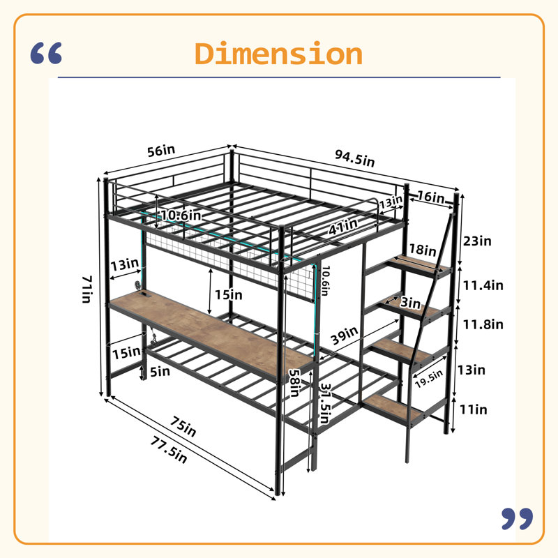 Full Over Twin Metal Bunk Bed With Built-In Desk And LED Lighting – Space-Saving Loft Design For Kids & Teens, Sturdy Frame, Easy Assembly