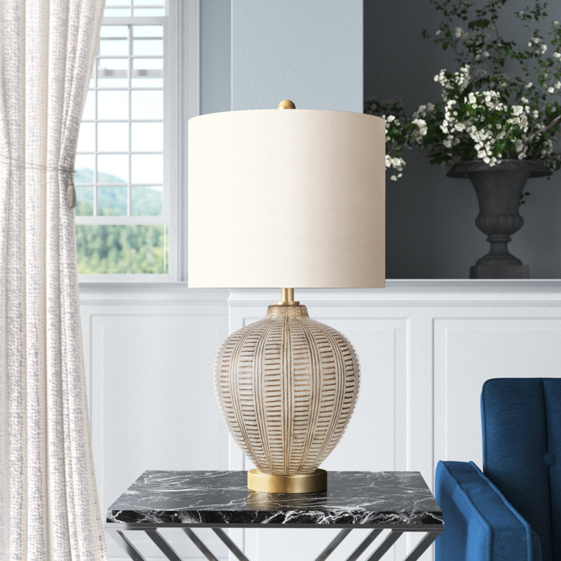 Antique Gold and Cream Resin Table Lamp with White Linen Shade