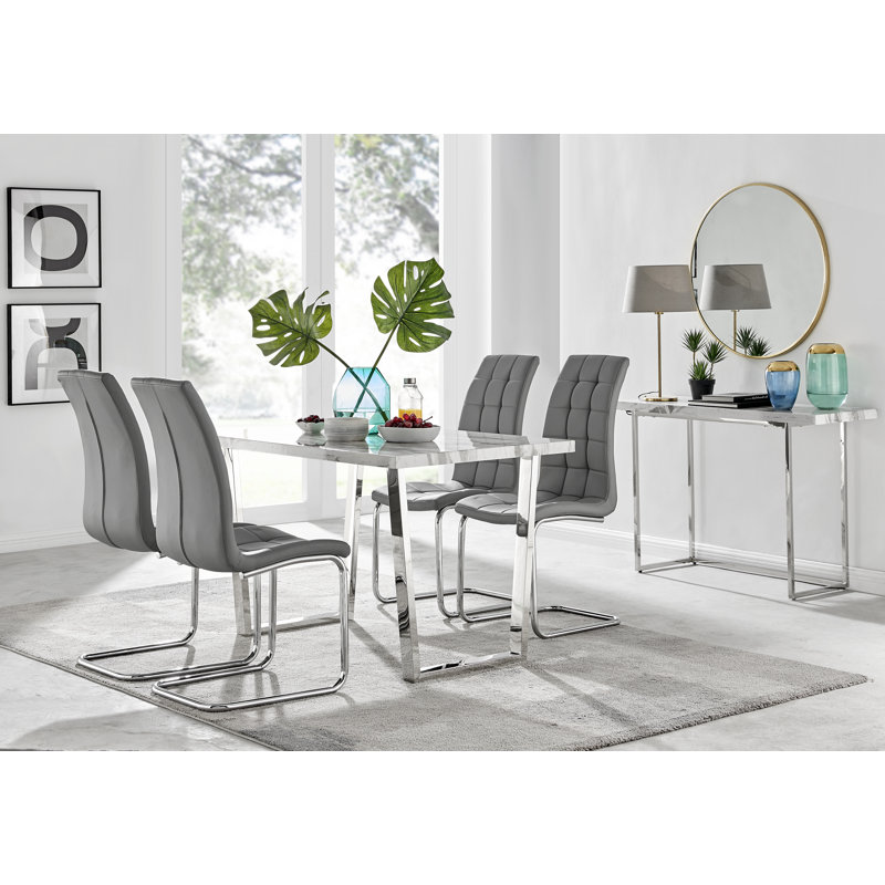 Kylooe Modern Marble Effect And Silver Dining Table Set With 4 Modern Faux Leather Chairs, Light Grey