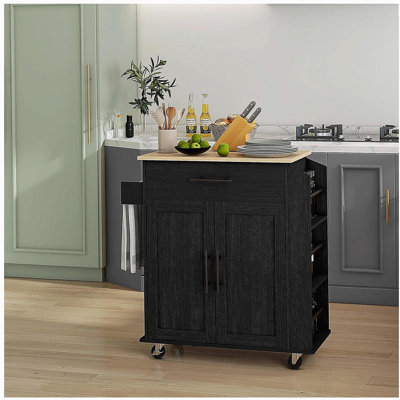 Kitchen island with storage space, with power outlets and USB charging ports on the rolling kitchen cart, with a microwave rack with a towel and spice holder, black
