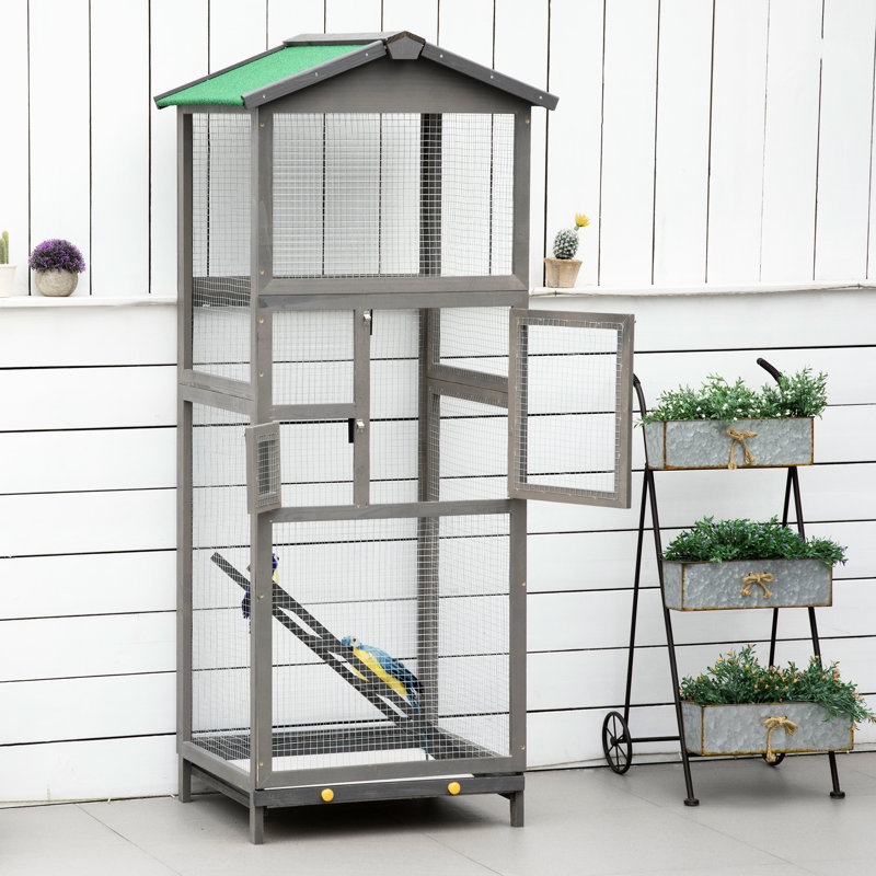 Cage à oiseaux en bois 65 po pour perroquets, perruches grises 65 po, 2 portes, plateau coulissant pour perroquets et perruches, plateau coulissant, construction résistante aux intempéries