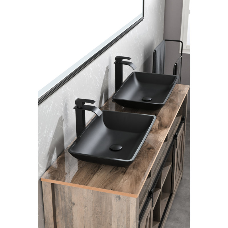 Lavabo de salle de bain rectangulaire noir mat - L 14,38 po x l 22,25 po H 4-3 / 8 po, verre tendance et robinet H 4,05 po