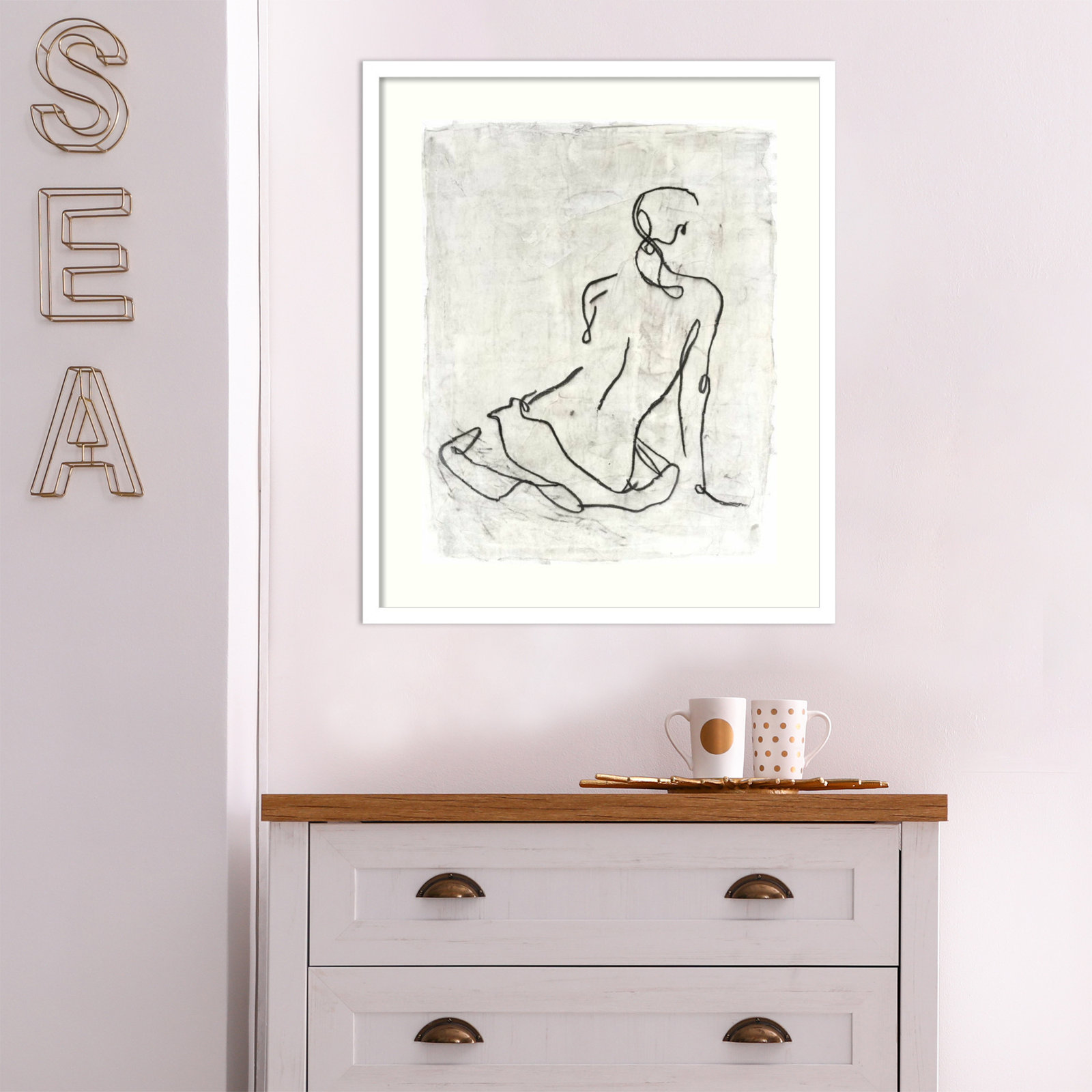 Embellished Gestural Contour I (Nude) by Ethan Harper, White Framed Paper, 37" H x 31" W