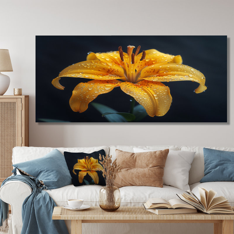 Jaune et noir, lis, printemps, beauté - lys, art mural, H 28 po x l 60 po, Toile tendue