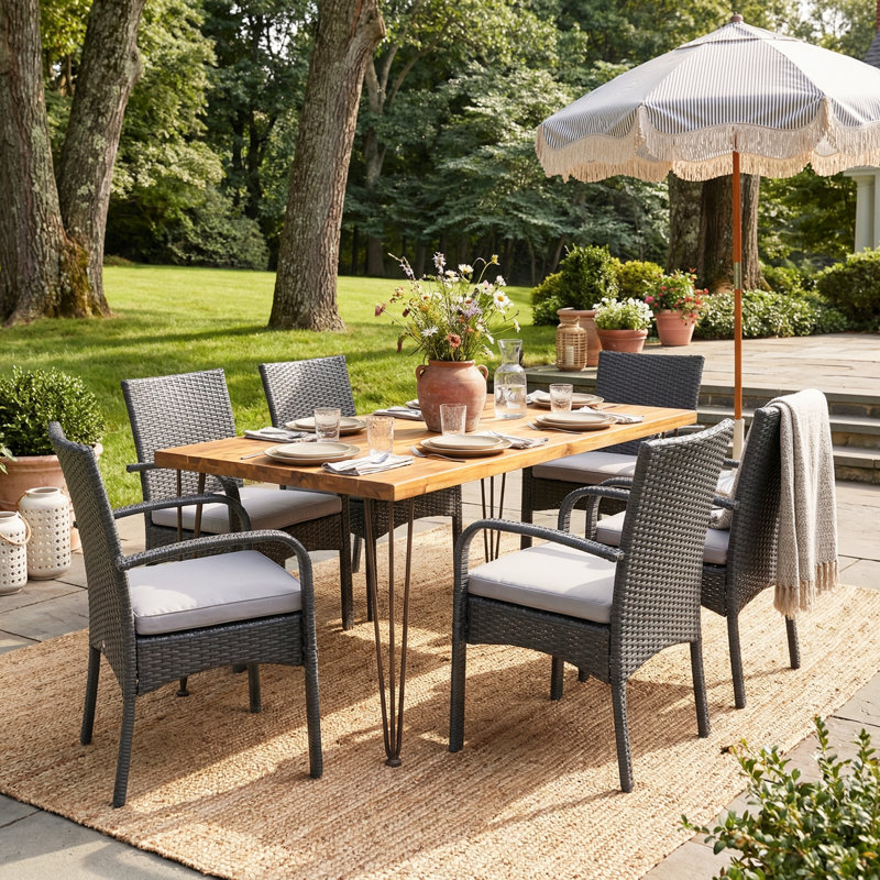 7-Piece Modern Rustic Industrial Acacia Wood And Metal Patio Dining Set With Cushioned PE Wicker Chairs