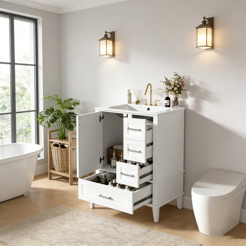 Meuble-lavabo simple avec plateau en céramique Shalimar, armoire de rangement moderne avec porte à fermeture douce et structure en bois massif, style autoportant