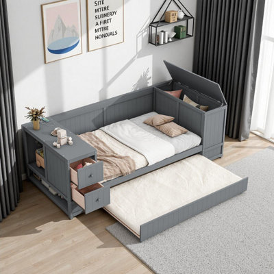 Lit de jour simple avec bras de rangement, lit gigogne, station de charge et ports USB, lit de jour gris peu encombrant