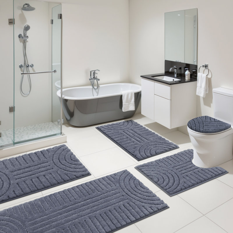 5 Piece Soft Absorbent Microfiber Bath Rug Set With Non-Slip Backing, Dark Gray