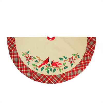 Jupe d'arbre de Noël 48 po avec bordure à carreaux beige et rouge brodée Cardinal Birds