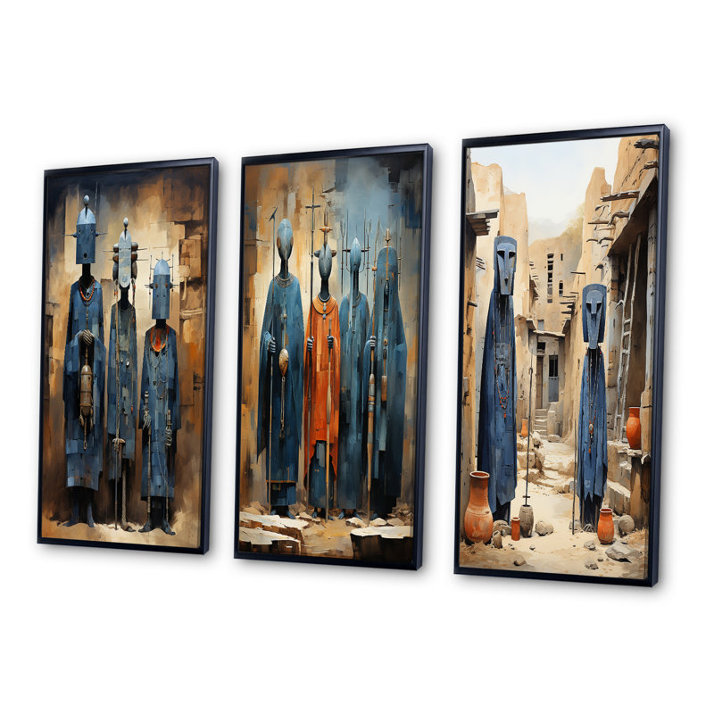 «Tribus d'Afrique Dogon Mali II», 3 pièces sur toile, Cadre flottant noir, H 20 po x l 36 po