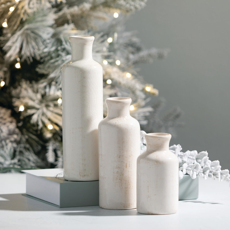 Ensemble de vases en céramique (3 pièces), Blanc patiné