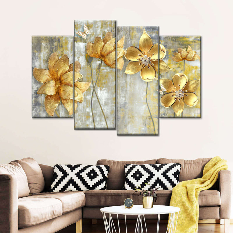 Grandes fleurs dorées sur toile, ensemble de 4 pièces, H 22 po x l 36 po x P 1 po