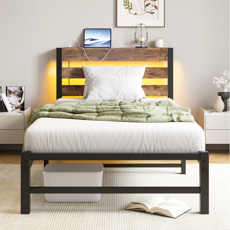 Bed Frame Heavy Duty Platform Bed Frame With Headboard, Usb Charging Station, Led Bed, No Box Spring Needed, Mattress Foundation, Strong Steel Slats, Noise Free