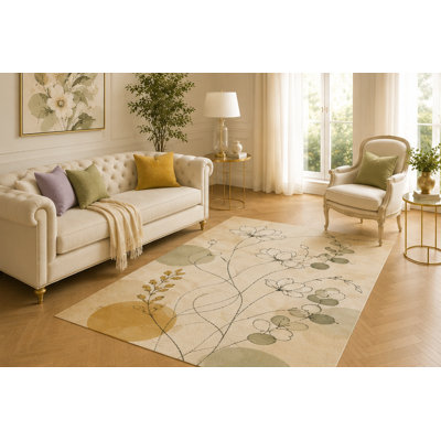 Tapis à motif floral minimaliste 5 pi x 7 pi pour salon, tapis intérieur doux à poils courts avec envers antidérapant pour chambre à coucher, salle à manger, bureau, crème