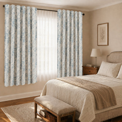 Linen Blackout Peony Flower Printed Rod Pocket Curtain Pair