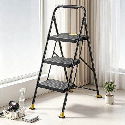 Foldable Step Ladder with Handrails for Home Adults, Heavy Duty Steel Frame, Non-Slip Steps, Space-Saving Design for Indoor Kitchen and Closet Access