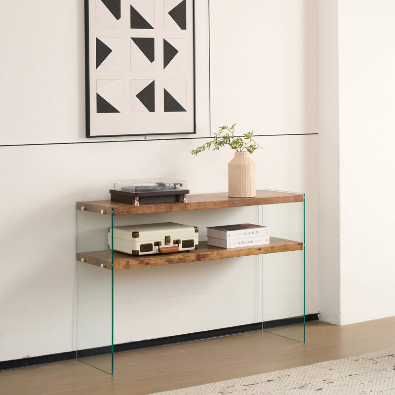 Mdf Console Table, Big Side Table, Walnut Tempered Glass Desk,Entry Table, 43.3"W x 29.5"H x 13.7"D