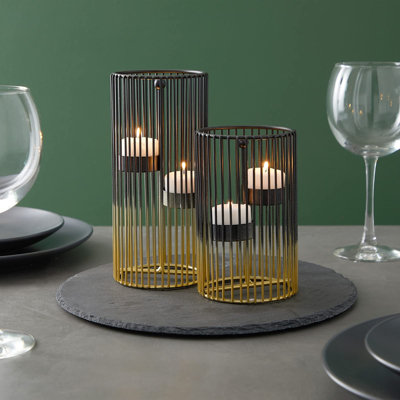 Metal Geometric Candle Holders - Gold Candle Holder Set - For Tealight & Taper Lights - Pack Of 2, 4 X 6 In & 4 X 8 In