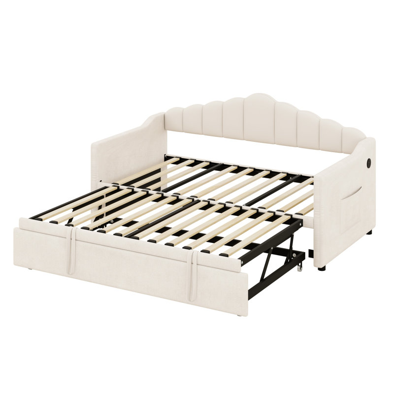 Daybed Featuring Adjustable Pop Up Trundle, USB and Type-C Charging, Plus Two Side Storage Pockets, Beige