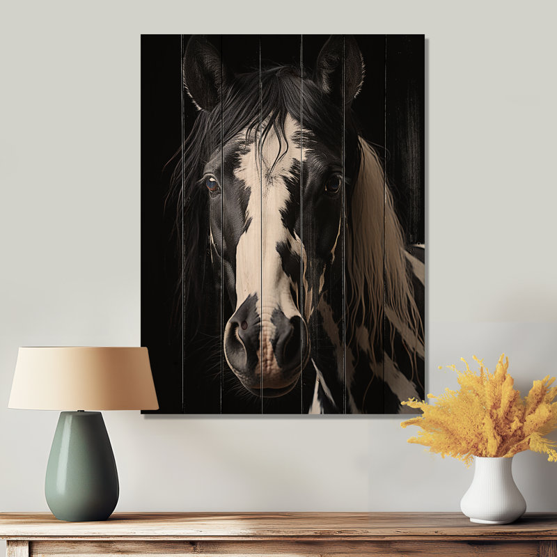 Cheval blanc noir sérénité II sur bois, H 20 po x l 10 po x P 0,78 po